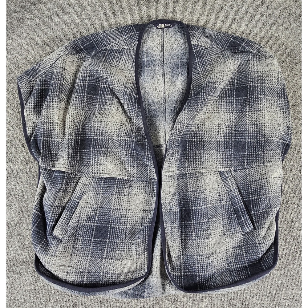 North Face Vest Womens Small Gray Navy Blue‎ Sherpa Fleece Sleeveless Plaid Warm